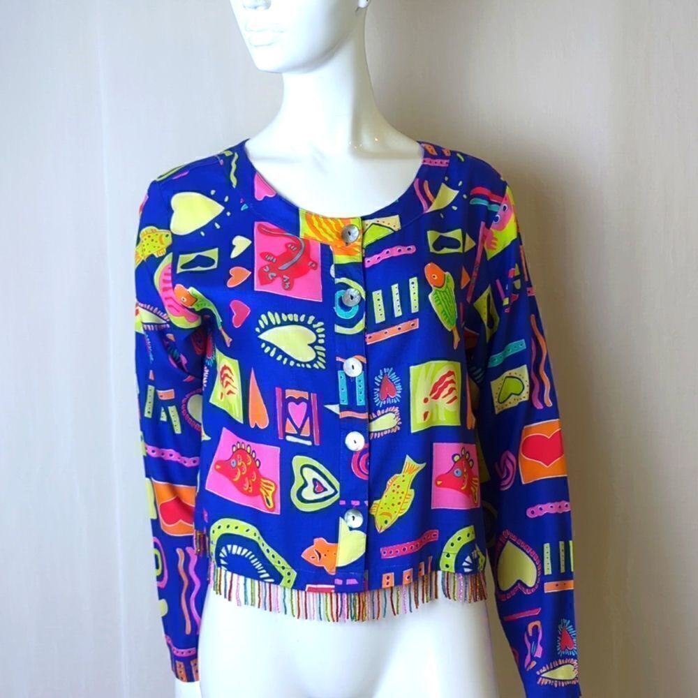 Bright Colorful Blouse Blue Print Beaded Hemline Size Medium